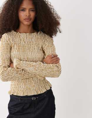 Daisy Street - Langärmliges, gesmoktes Oberteil in Beige kariert-Bunt