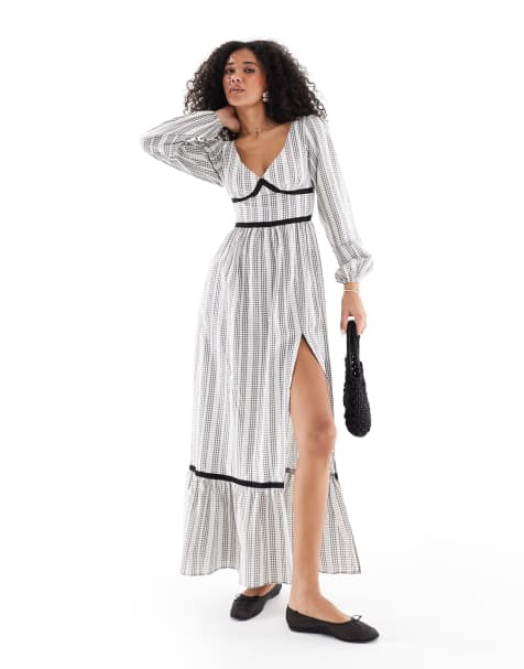 Daisy Street – Langärmliges, gestuftes Maxikleid in Schwarz-Weiß kariert - view 1