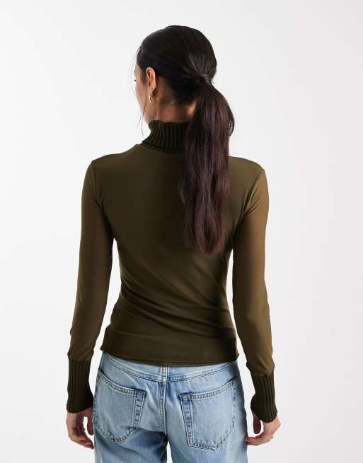 Daisy Street – Langärmliges Oberteil aus Strick und Netzstoff in Khaki, 4 von 4