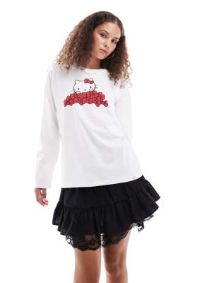 Daisy Street - Langärmliges Oversize-T-Shirt mit „Hello Kitty"-Schleifen-Print-Weiß