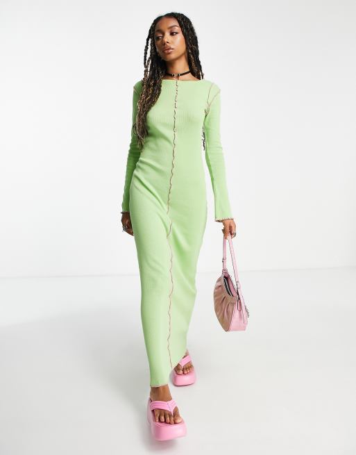 Daisy Street - Lange geribbelde bodyconjurk met lange mouwen in groen met contrasterende stiksels