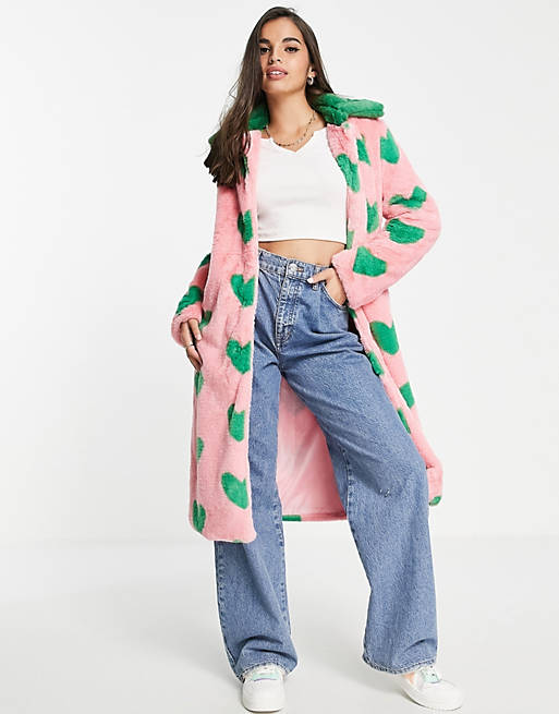 Daisy Street - Lange jas van imitatiebont met hartjesprint in contrastkleuren
