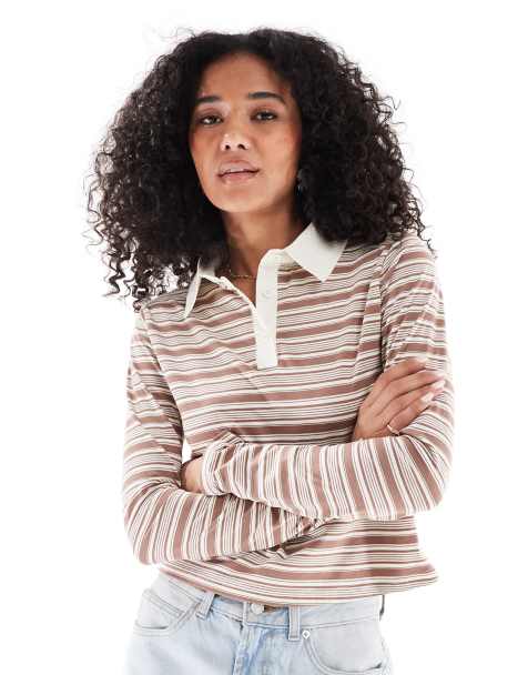 Daisy Street - Langærmet rugby-top med brune/ecrufarvede striber i slim fit - view 1