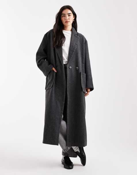 Daisy Street large herringbone cocoon coat with deep turn up cuffs in grey - view 1