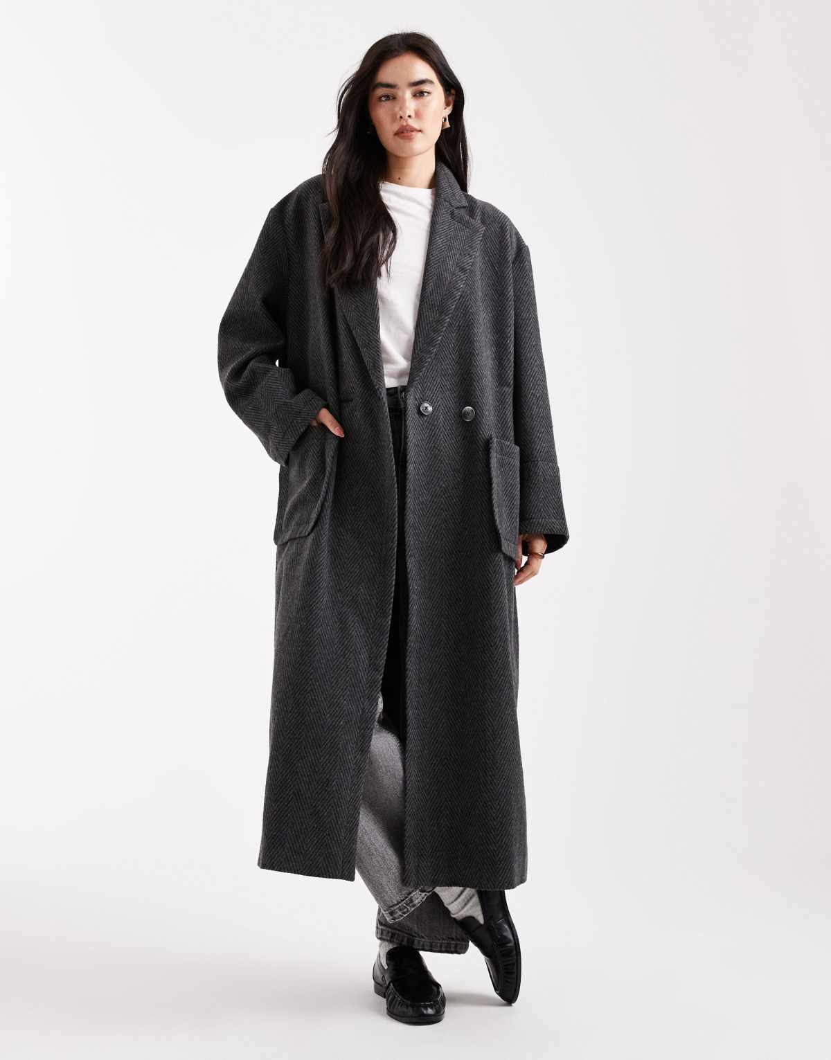 Daisy Street large herringbone cocoon coat with deep turn up cuffs in grey