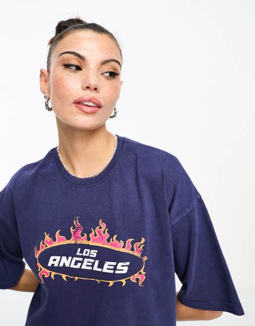 Daisy Street – Lässig geschnittenes T-Shirt in Marineblau mit „Los Angeles“-Grafik
