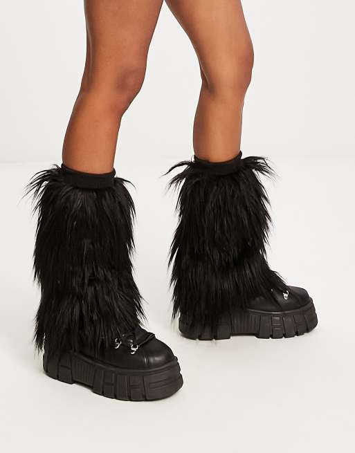 Black faux shop fur leg warmers