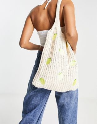 Daisy Street lemon embroidered crochet tote bag