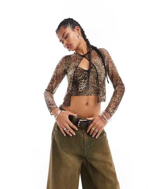 Daisy Street leopard print mesh cardigan and cami set   - view 1