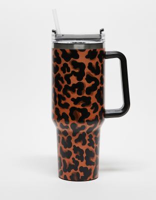 Daisy Street leopard print re-usable drinking cup with handle and straw-Multi