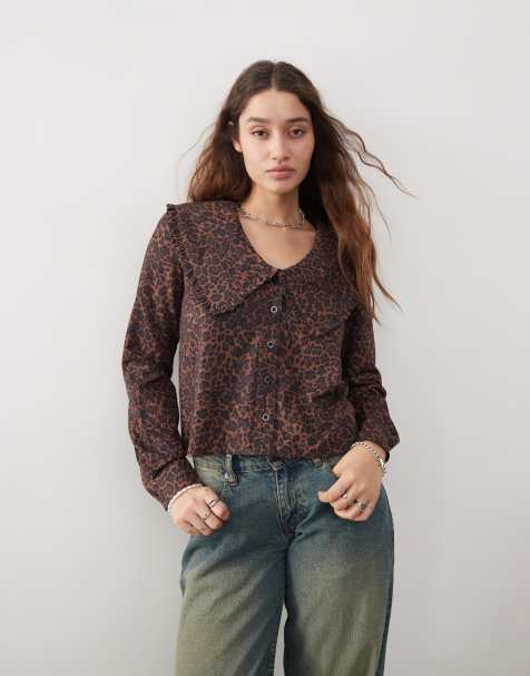 Daisy Street – Leopardmönstrad blus med boxig passform och extra stor krage - view 1
