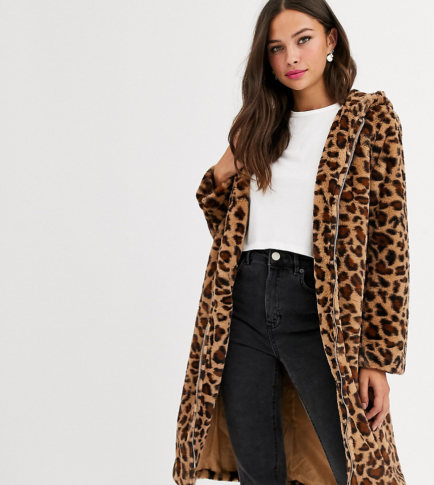 Daisy Street - Leopardprintet longline frakke med lynlås  og hætte i imiteret pels-Brun