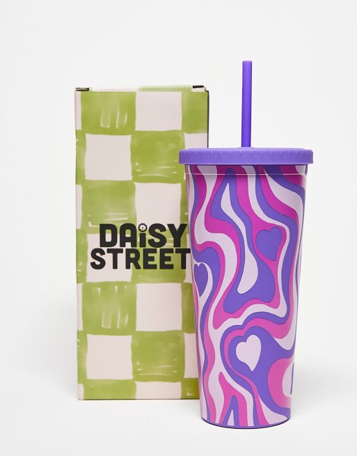 Daisy Street – Liliowy kubek wielokrotnego użytku we wzór w serca ze słomką
