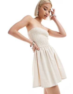 Daisy Street Linen Look Bandeau Shirred Mini Dress In Cream-white