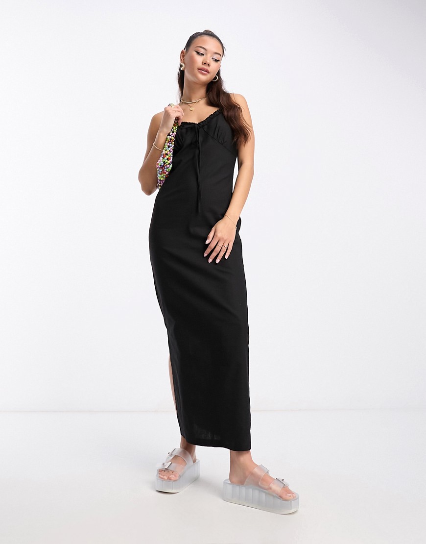 Daisy Street linen look cami maxi dress with tie front-Black