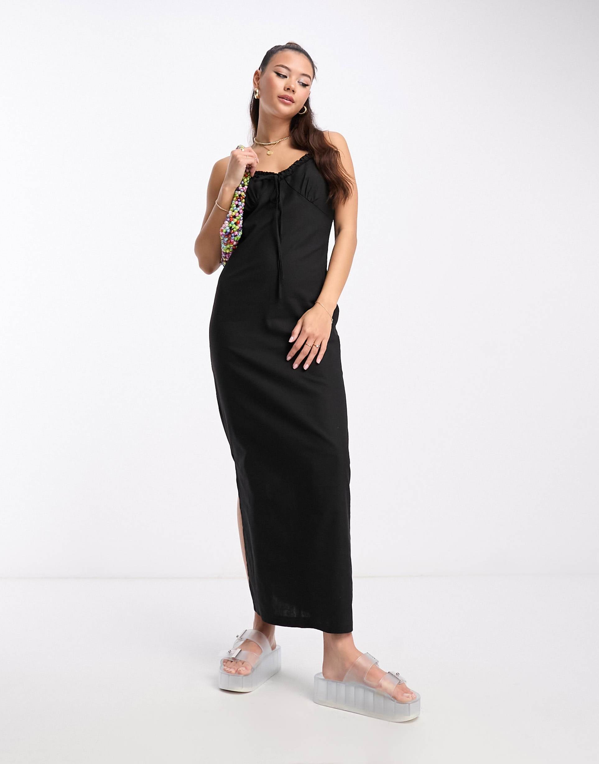 daisy street linen look cami maxi dress with tie front