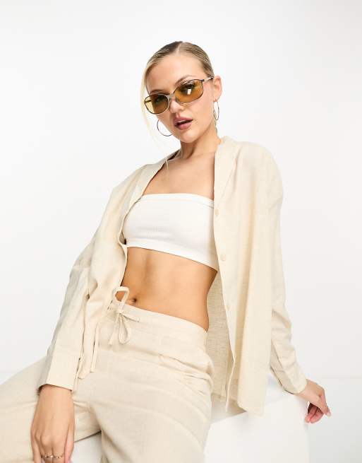 Daisy Street linen look relaxed boyfriend shirt in stone - part of a set