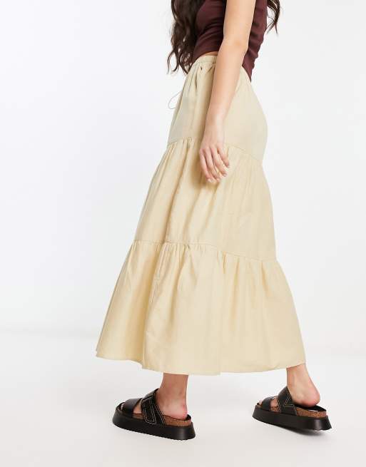 Daisy Street linen maxi tiered skirt in stone with toggle tie ...