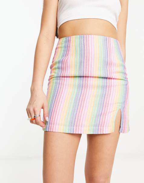 Daisy Street linen mini skirt in rainbow stripe - view 1