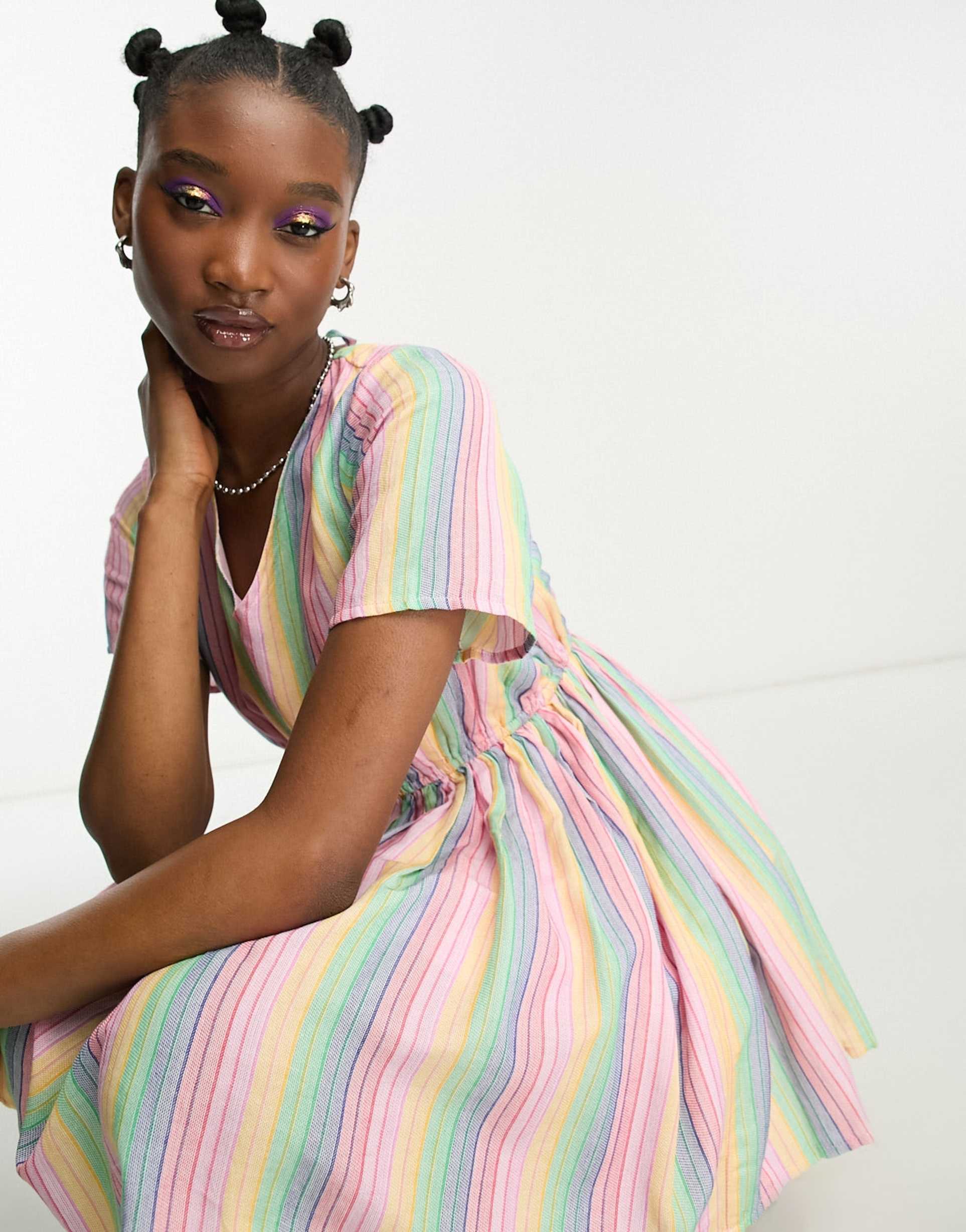 daisy street linen mini smock dress in rainbow stripe