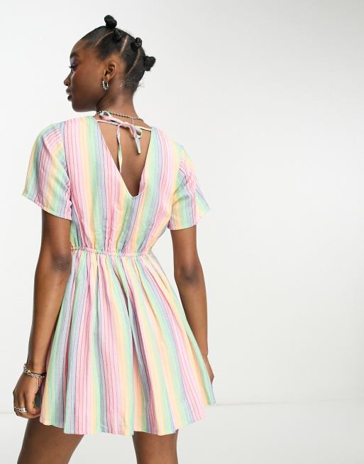 Daisy Street linen mini smock dress in rainbow stripe