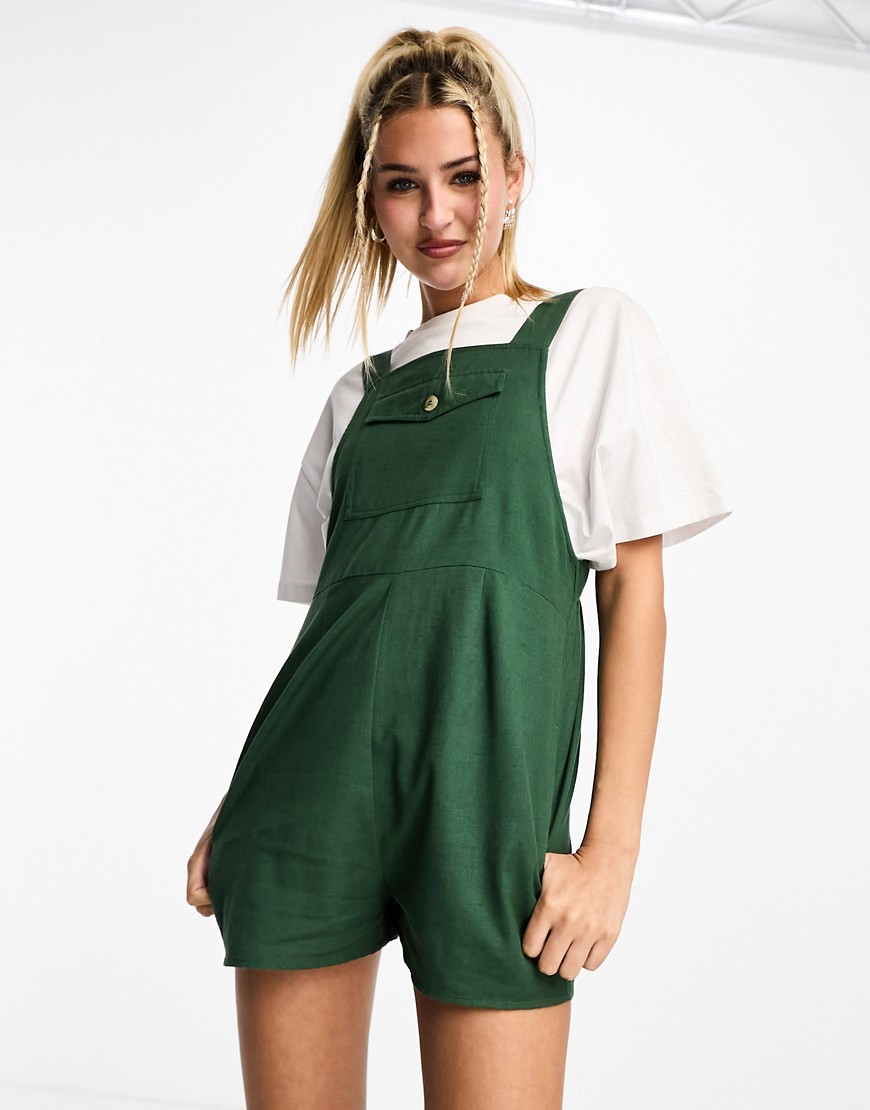 Daisy Street linen romper with front pocket in green