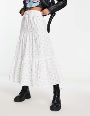 Daisy Street - Linnen midi rok met stroken in wit met fijne bloemenprint