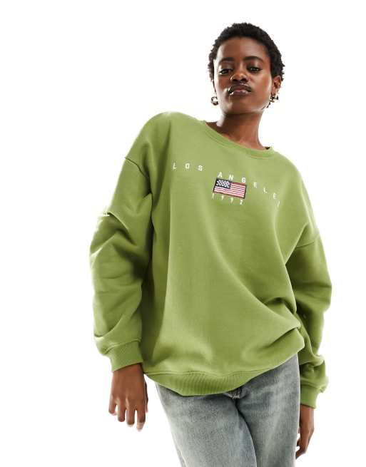 Daisy Street – Locker geschnittenes Sweatshirt in Khaki mit „LA“-Stickerei