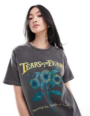 Daisy Street - Locker geschnittenes T-Shirt in Anthrazit mit „Tears For Fears"-Sonnenblumen-Print-Grau