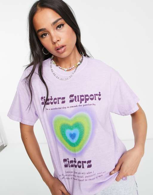 Daisy Street – Locker geschnittenes T-Shirt „Sisters Support“-Textprint und Retro-Grafik mit Wellenmuster
