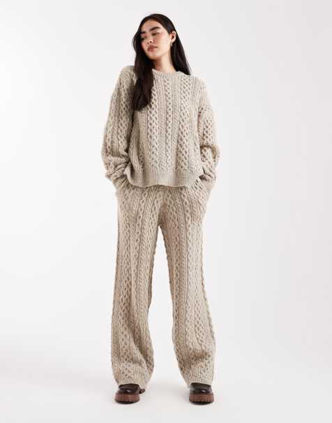 Daisy Street – Lockere, gestrickte Jogginghose in meliertem Grau mit Zopfmuster und weitem Bein, Kombiteil - view 1