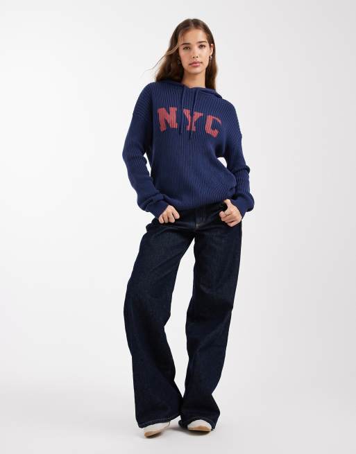 Daisy Street – Lockerer Kapuzenpullover aus Strick in Marineblau mit Grafik, 2 von 4
