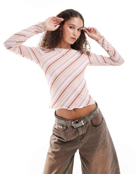 Daisy Street long sleeve 70s stripe top with lettuce edge hem - view 1