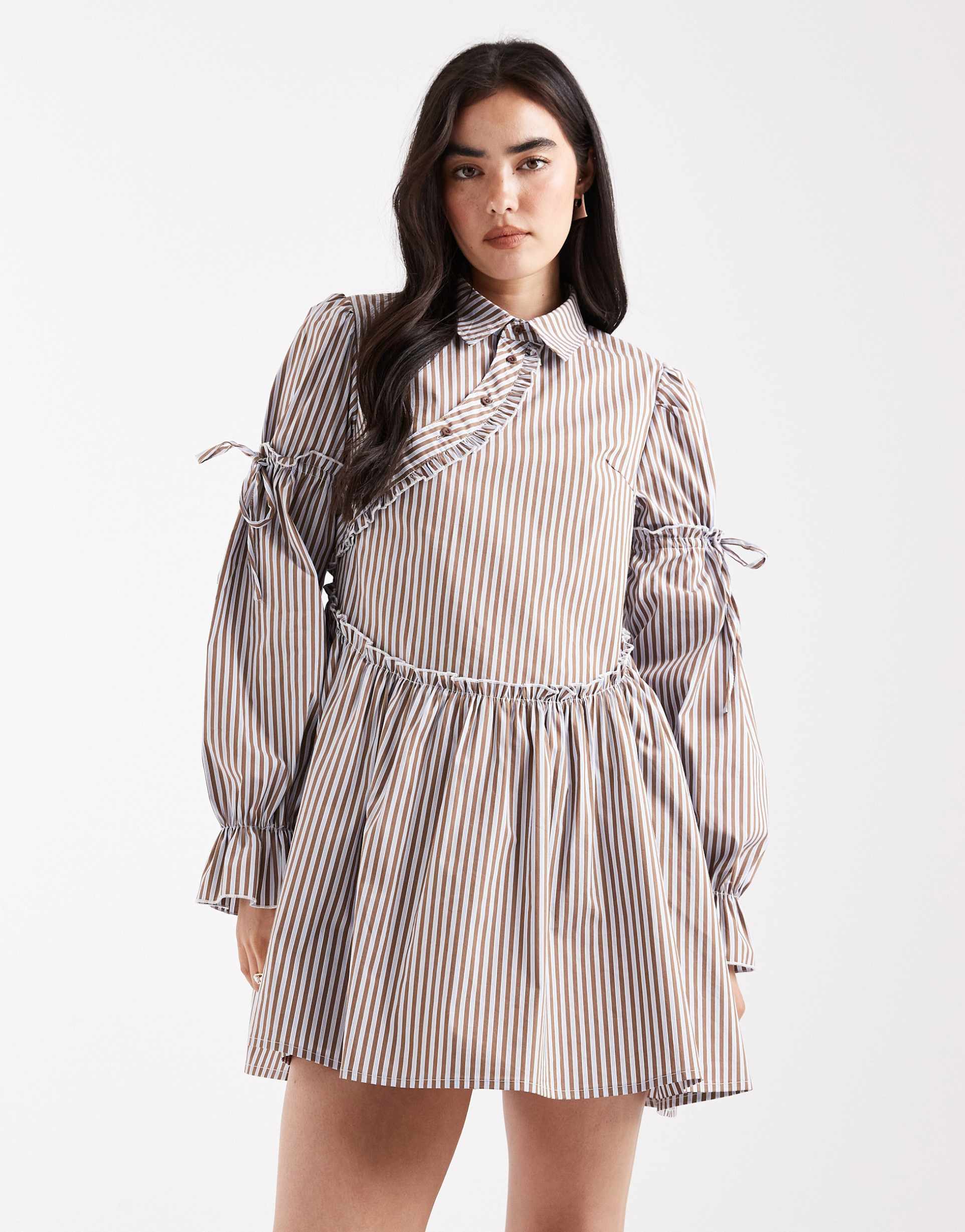 daisy street long sleeve asymmetric button down mini shirt dress in pink/brown stripe