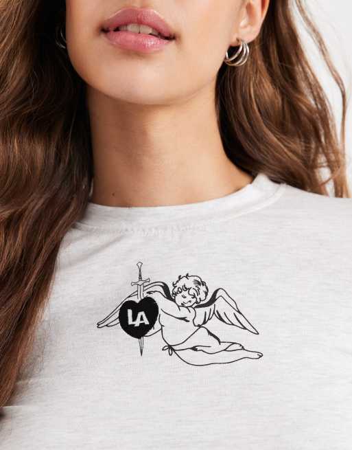 Daisy Street long sleeve baby tee with angel graphic in grey marle, 2 of 4