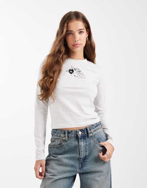 Daisy Street long sleeve baby tee with angel graphic in heather gray - view 1