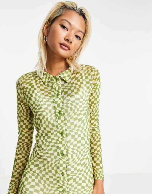 Daisy Street long sleeve button front dress in wavy checkerboard mesh, 3 of 4