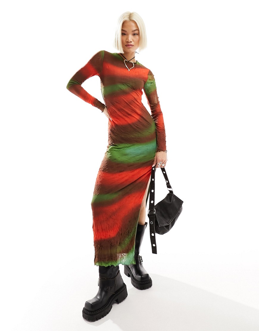 Daisy Street long sleeve crinkle mesh blur print maxi dress in multi