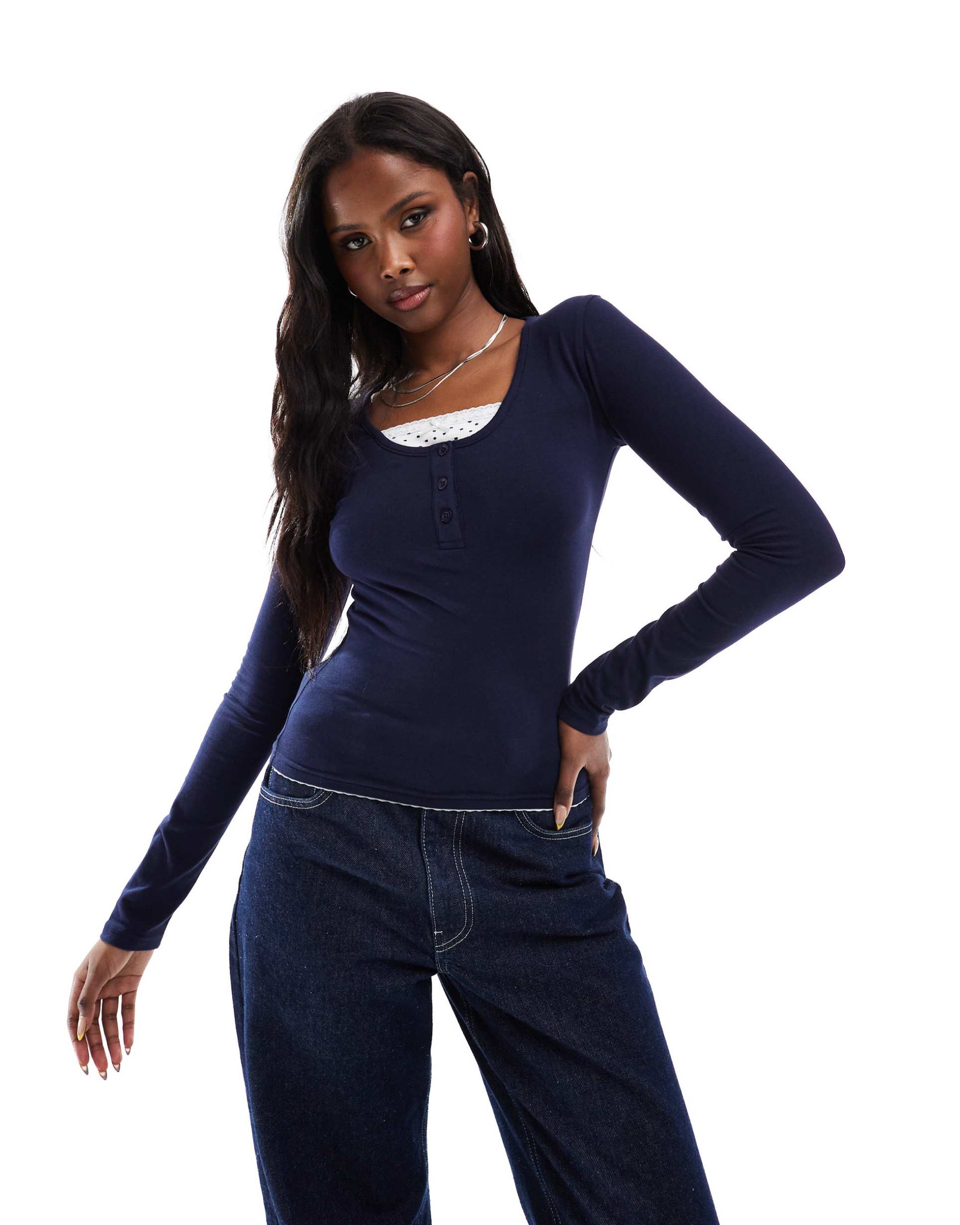 daisy street long sleeve double layer top with lace detail in navy