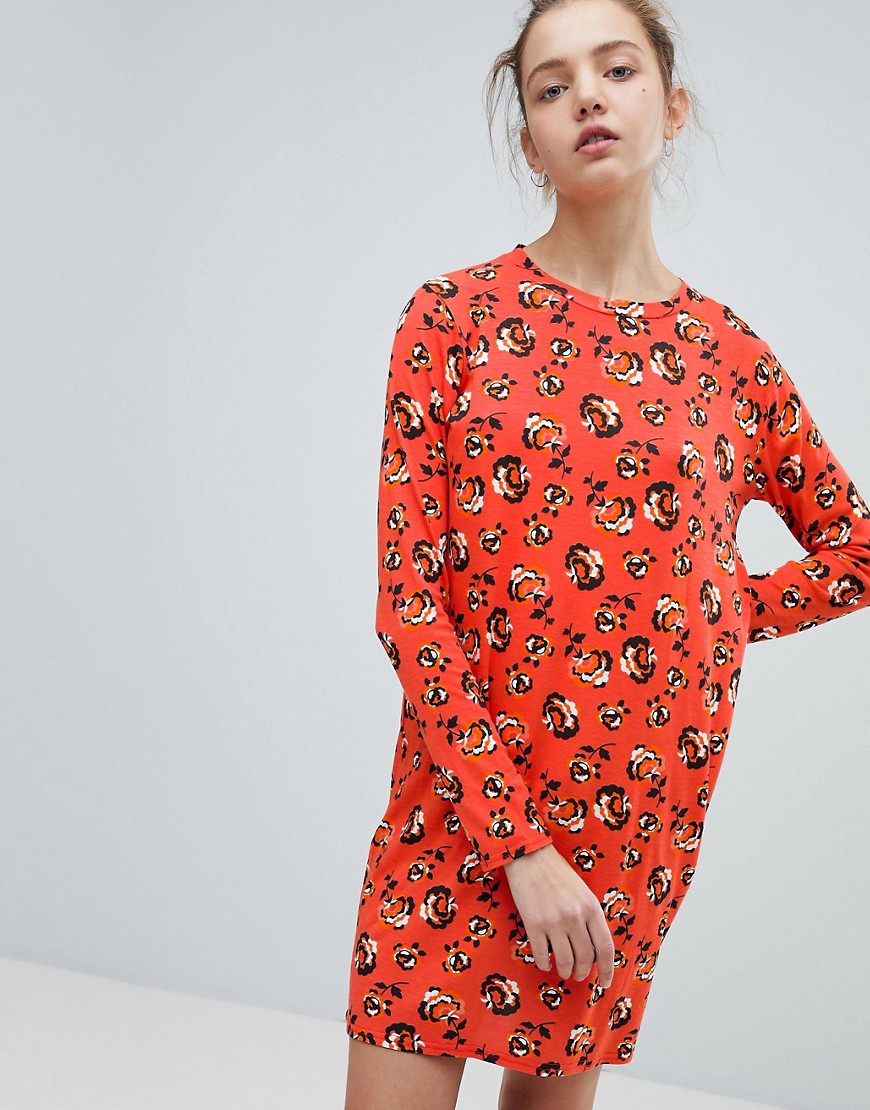 Daisy Street Long Sleeve Dress In Floral Print-Red