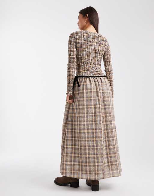Daisy Street long sleeve drop waist shirred maxi dress in yellow grey brown  check | ASOS