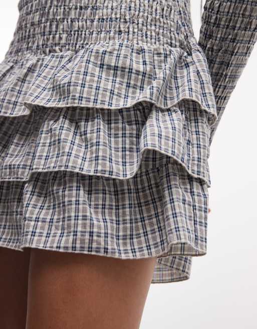 Daisy Street long sleeve drop waist shirred ruffle mini dress in blue check, 2 of 4