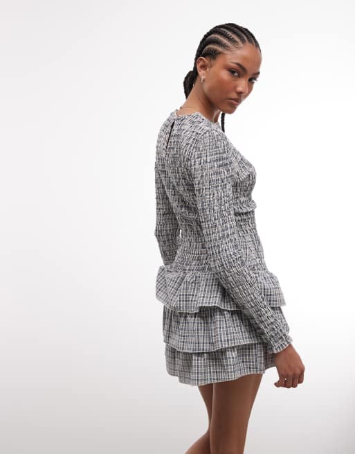 Daisy Street long sleeve drop waist shirred ruffle mini dress in blue check, 3 of 4