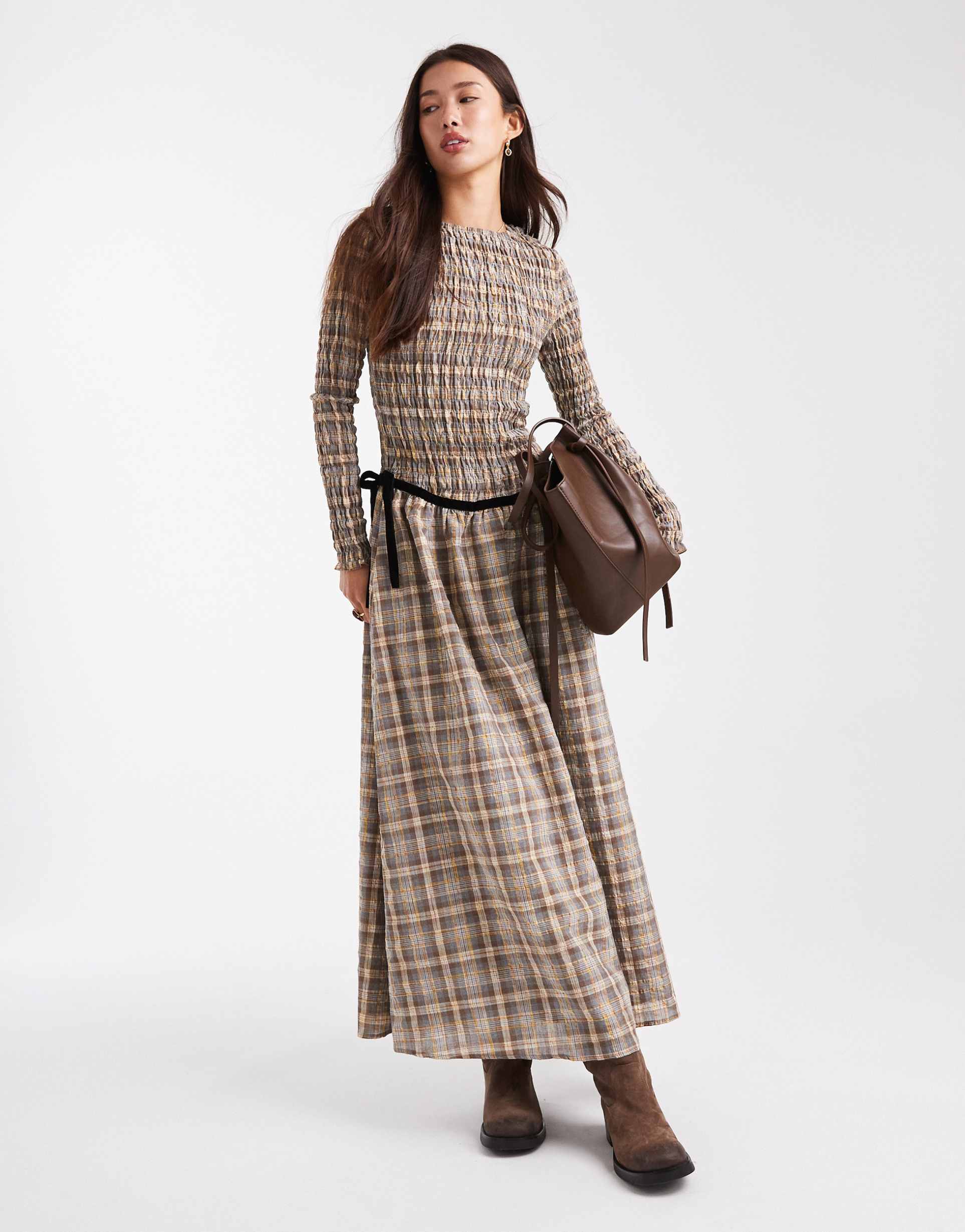 daisy street long sleeve dropped waist shirred maxi dress in yellow gray brown plaid