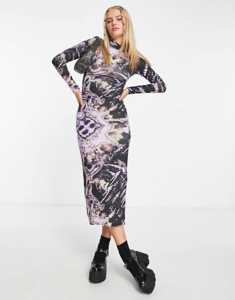 Daisy Street long sleeve grunge midi bodycon dress in tie dye with butterfly graphic - view 1