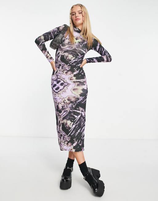 Daisy Street long sleeve grunge midi bodycon dress in tie dye with butterfly graphic