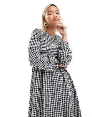 long sleeve midi smock dress in natural bow gingham-Multi