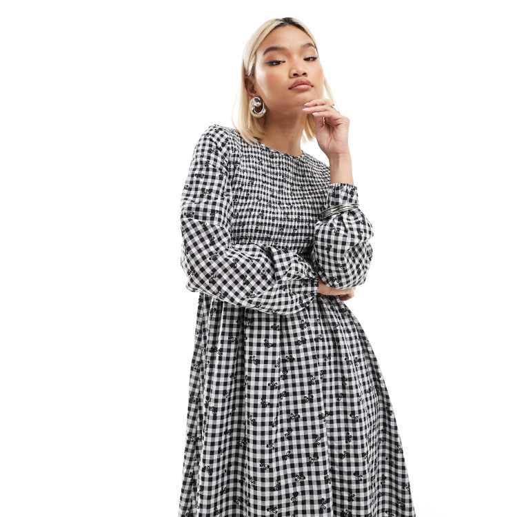 Daisy Street long sleeve midi smock dress in natural bow gingham