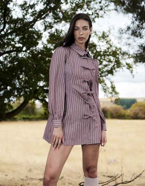 Daisy Street long sleeve mini dress with asymmetric collar and placket in purple stripe