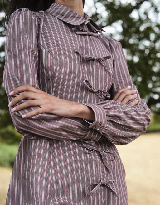 Daisy Street long sleeve mini dress with asymmetric collar and placket in purple stripe, 4 of 4
